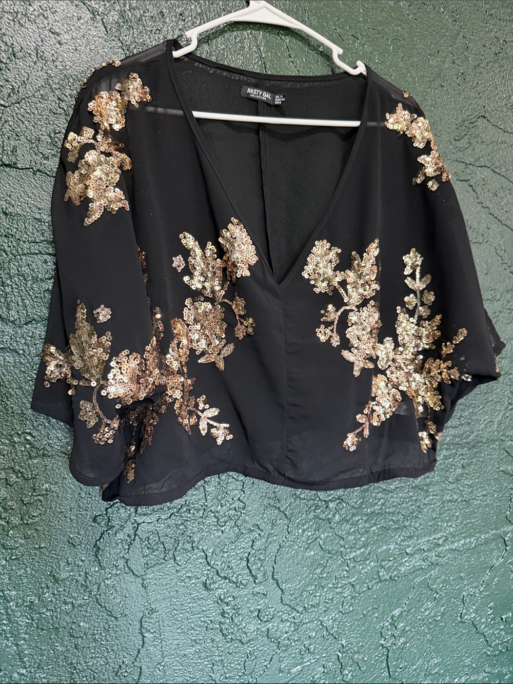 Nasty Gal Black Sequin Floral V-Neck Blouse